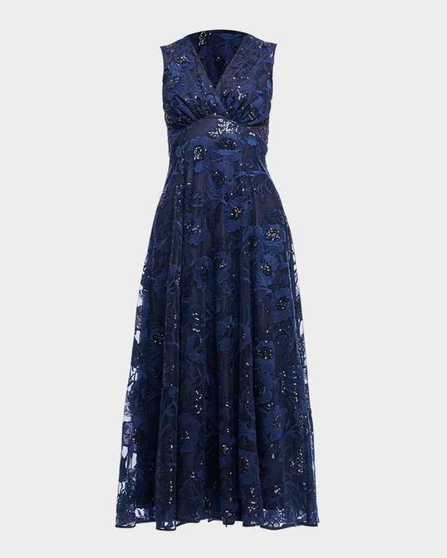 Elliott Sequin Floral-Embroidered Midi Dress